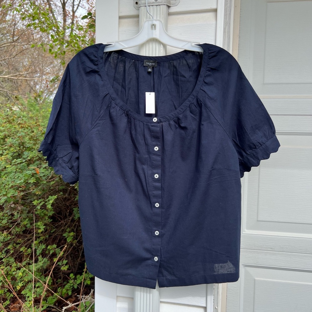 NWT Talbots Pretty Navy Scoop Neck ZigZag Sleeve Hem Cotton Blouse